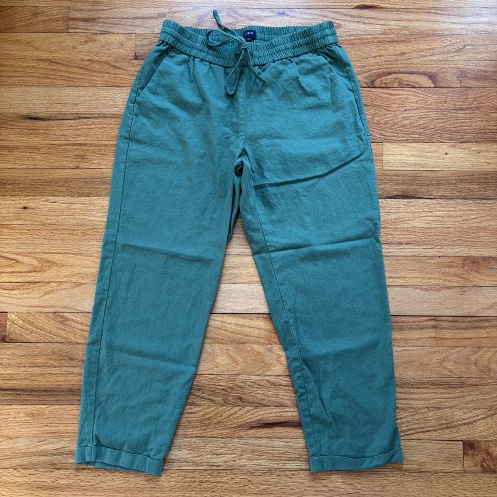 J.Crew Seaside Pants Green Linen Cotton Blend Elastic Waist Drawstring Women's 8